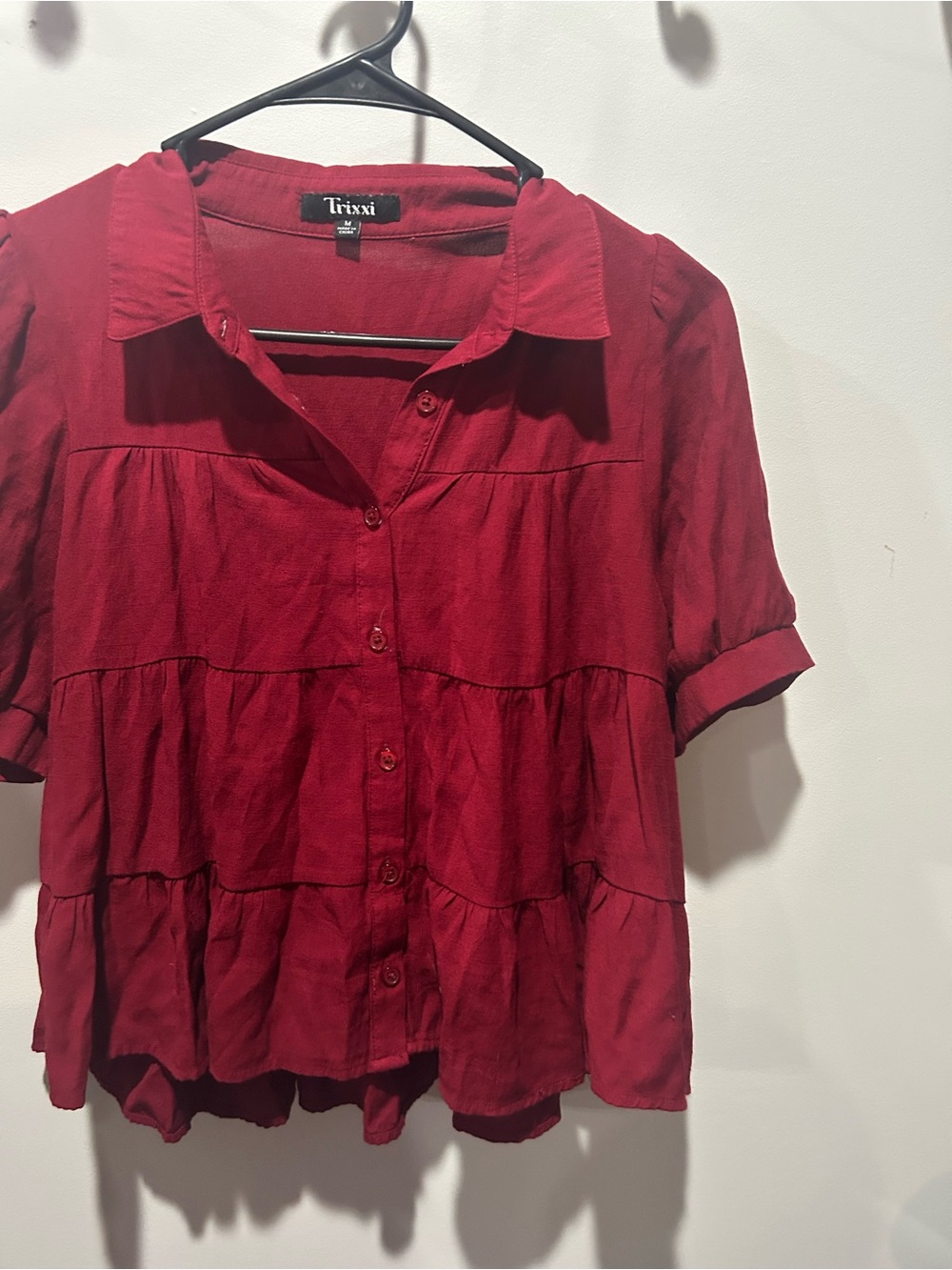 Trixxi Deep Red Tiered Button-Front Blouse